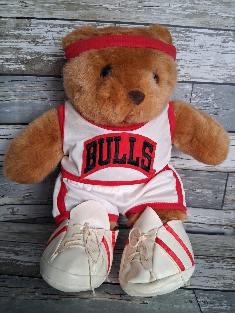 Brown Plush Bear in Red and White Bulls Basketball Outfit